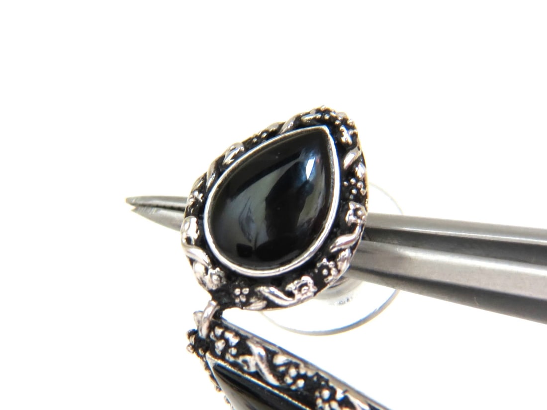 18KT GOTHIC SAXON REVIVAL GILT DECO NATURAL JET BLACK ONYX DANGLE EARRINGS - 5