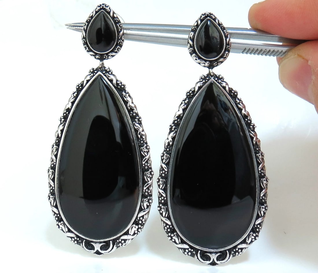 18KT GOTHIC SAXON REVIVAL GILT DECO NATURAL JET BLACK ONYX DANGLE EARRINGS - 7