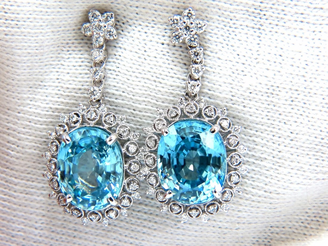 12.46ct Natural Bright vivid indigo blue zircon diamond earrings 14kt - 2