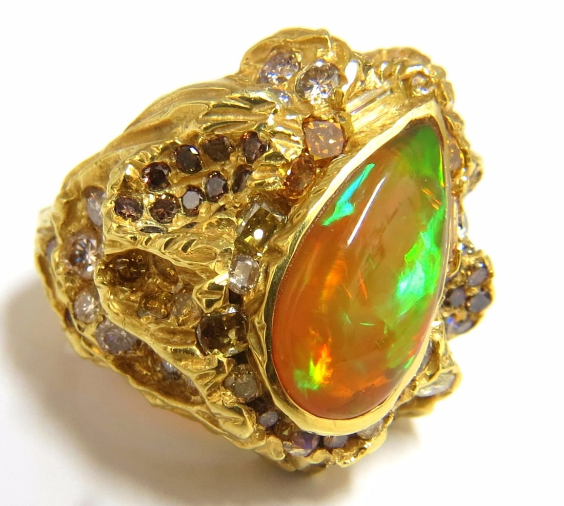 12.25ct natural opal diamonds ring 18kt Nugget Deco - 2