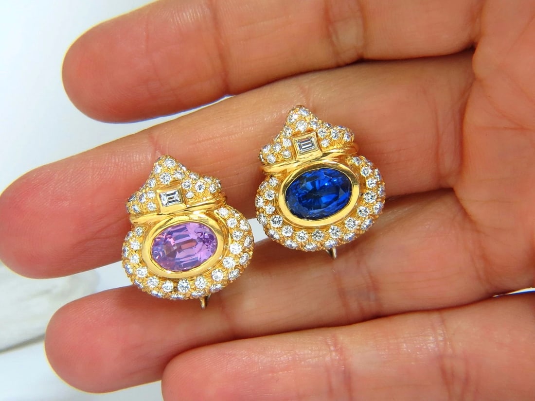 AGL Certified 10.75ct natural pink & blue sapphire diamond earrings 18kt - 6