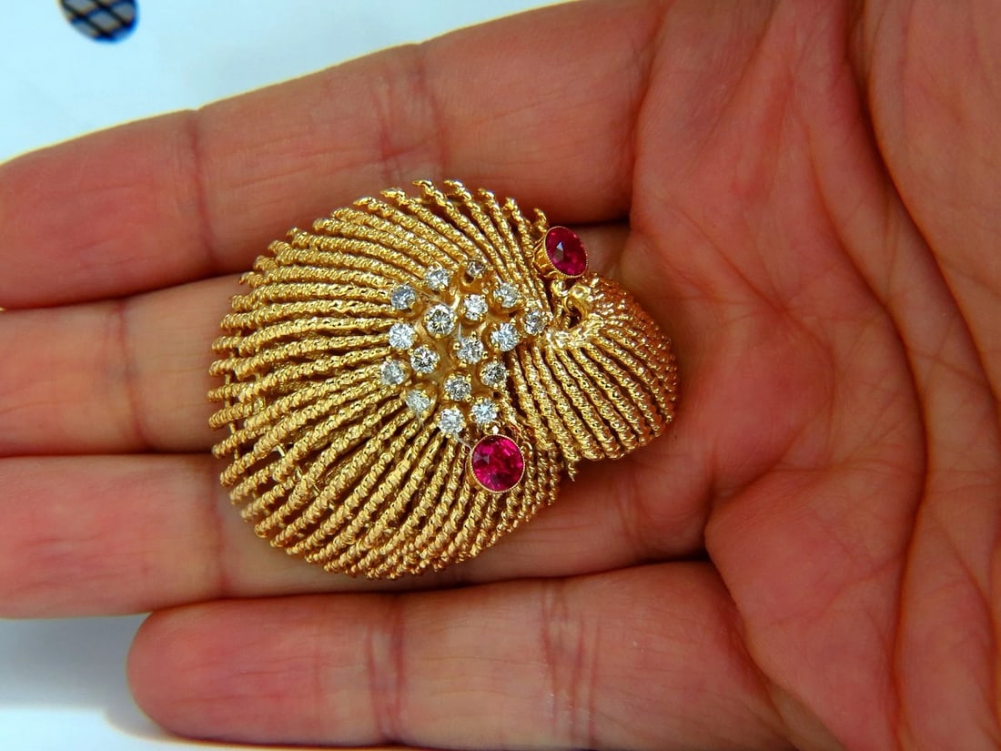 14KT VINTAGE 1.25CT DIAMOND 3D MOLLUSK SEA SHELL BROOCH PIN BARLEY TWIST - 8