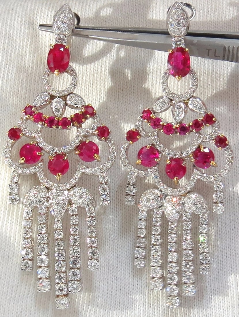 Natural Ruby Diamond Earrings Dangle 18kt Chandelier Glam Prime 11.20ct - 2