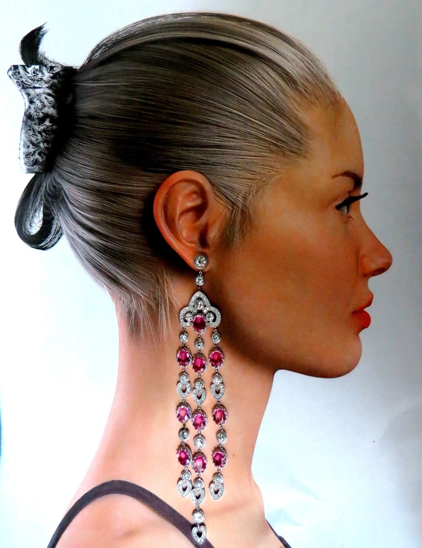 34.68ct Natural Pink Sapphire Diamonds Chandelier Earrings 18 Karat Dangle - 4