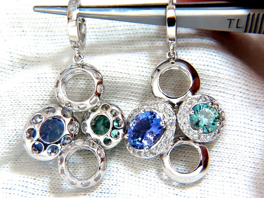 7.07CT NATURAL TANZANITES ZIRCON DIAMONDS CIRCLE DANGLE EARRINGS 14KT - 3