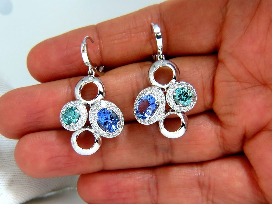 7.07CT NATURAL TANZANITES ZIRCON DIAMONDS CIRCLE DANGLE EARRINGS 14KT - 5