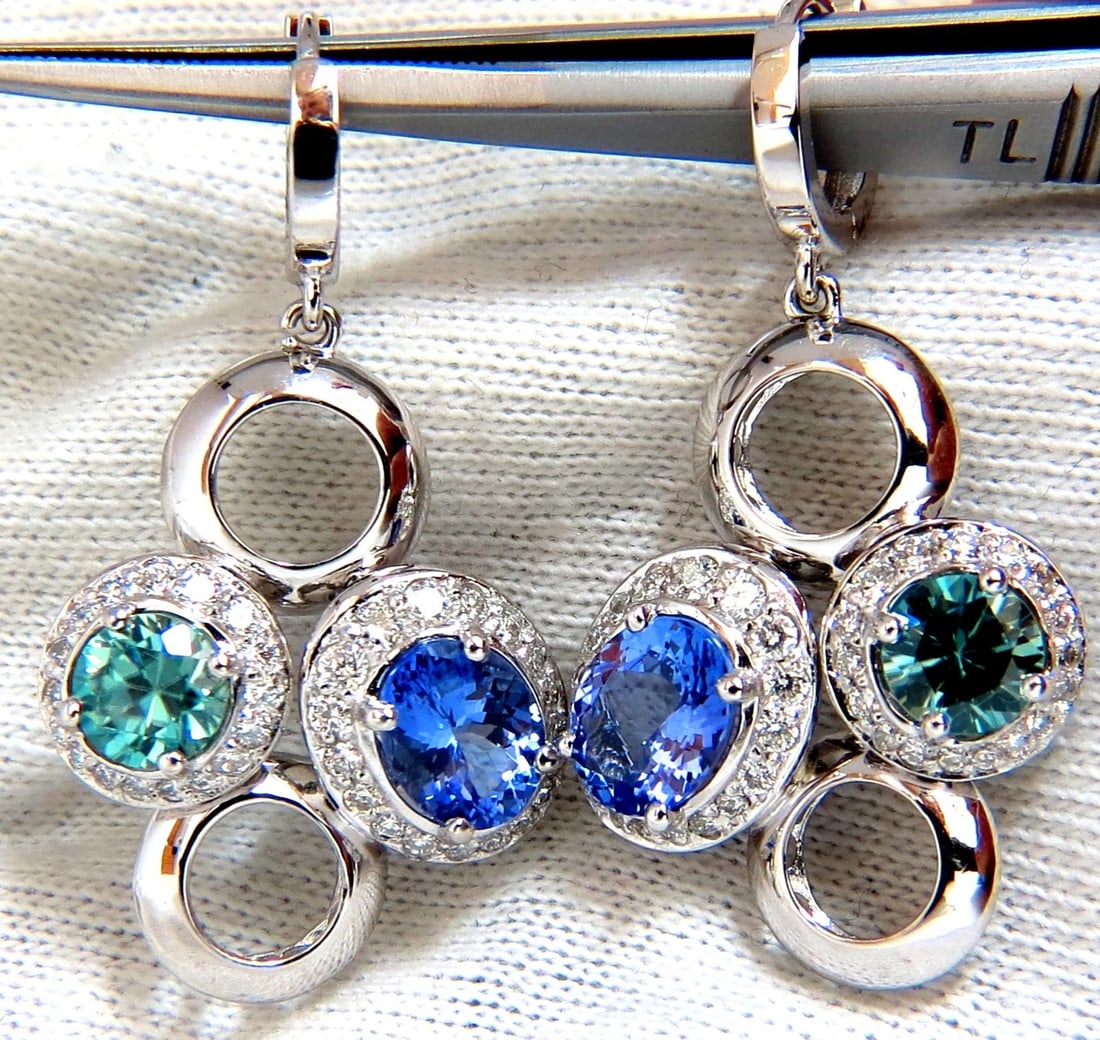 7.07CT NATURAL TANZANITES ZIRCON DIAMONDS CIRCLE DANGLE EARRINGS 14KT - 8
