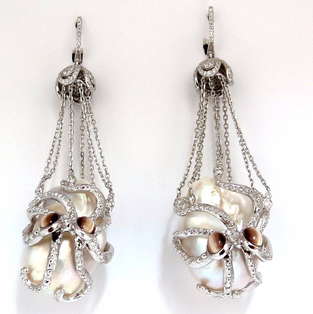 GIA Certified 30mm Baroque Pearls Catseye Octopus diamond dangle earrings - 2