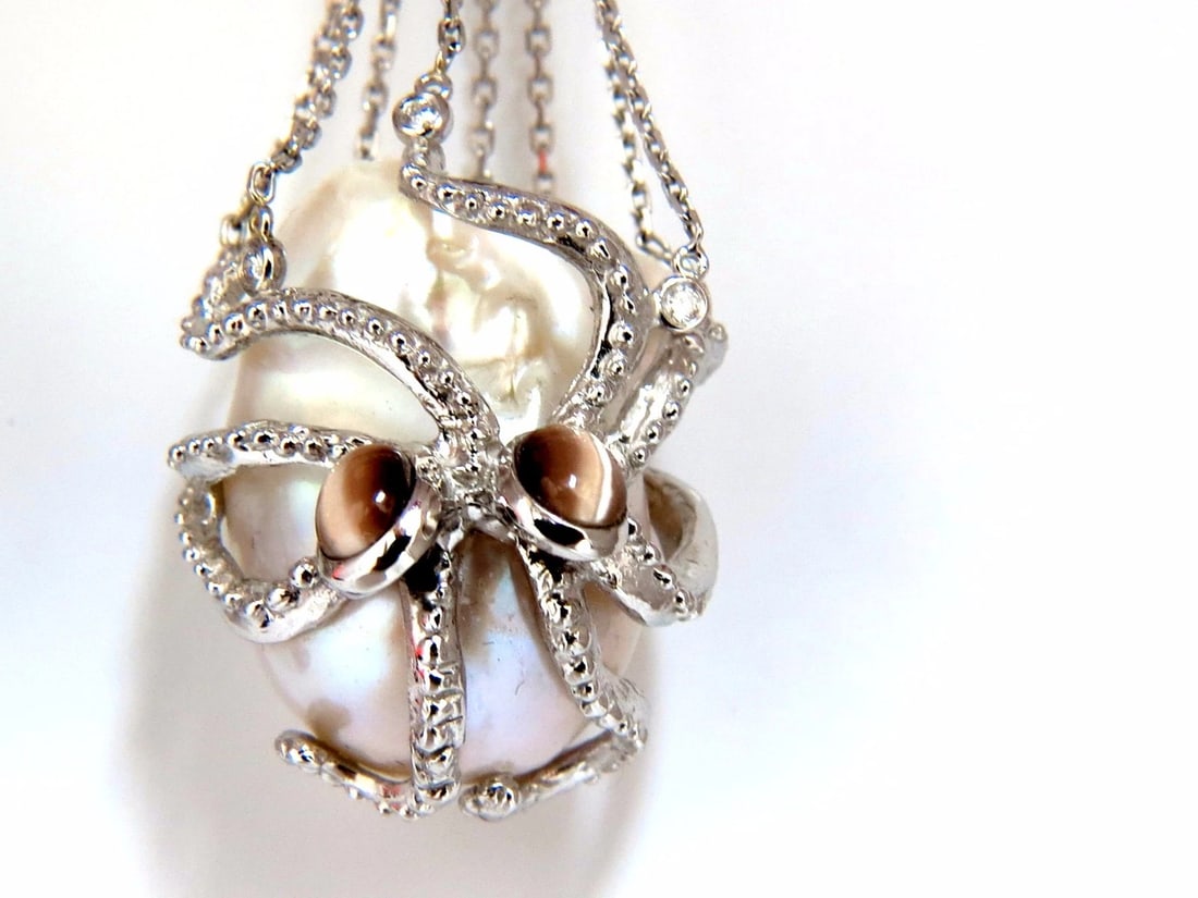 GIA Certified 30mm Baroque Pearls Catseye Octopus diamond dangle earrings - 4