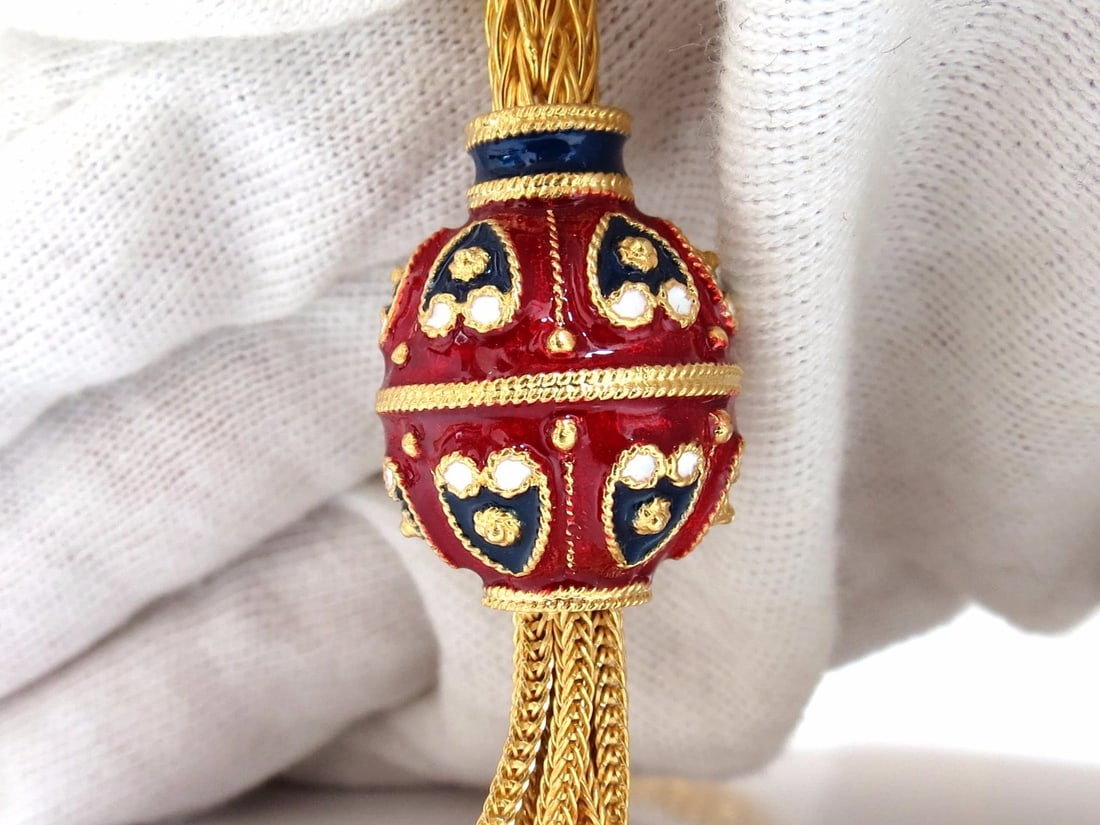 18kt Sailor's Knot Enameled Weave Necklace Long Bolo Tassel Deco 132 grams - 3