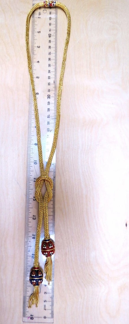 18kt Sailor's Knot Enameled Weave Necklace Long Bolo Tassel Deco 132 grams - 6