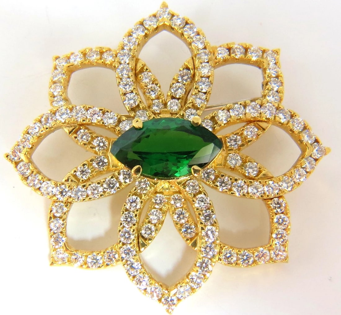 GIA CERTIFIED 7.63ct. NATURAL GREEN MARQUISE TSAVORITE DIAMONDS BROOCH PIN 18k - 2