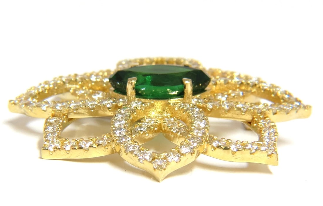 GIA CERTIFIED 7.63ct. NATURAL GREEN MARQUISE TSAVORITE DIAMONDS BROOCH PIN 18k - 3