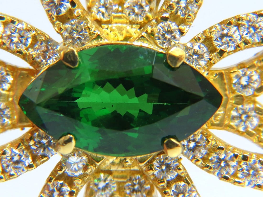 GIA CERTIFIED 7.63ct. NATURAL GREEN MARQUISE TSAVORITE DIAMONDS BROOCH PIN 18k - 5