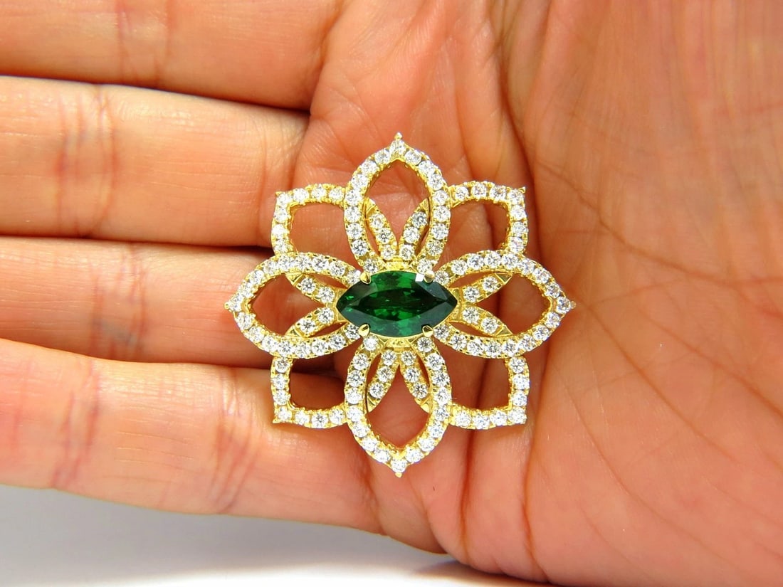 GIA CERTIFIED 7.63ct. NATURAL GREEN MARQUISE TSAVORITE DIAMONDS BROOCH PIN 18k - 6