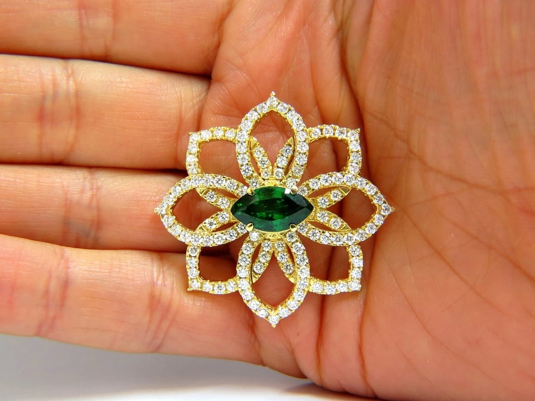 GIA CERTIFIED 7.63ct. NATURAL GREEN MARQUISE TSAVORITE DIAMONDS BROOCH PIN 18k - 7
