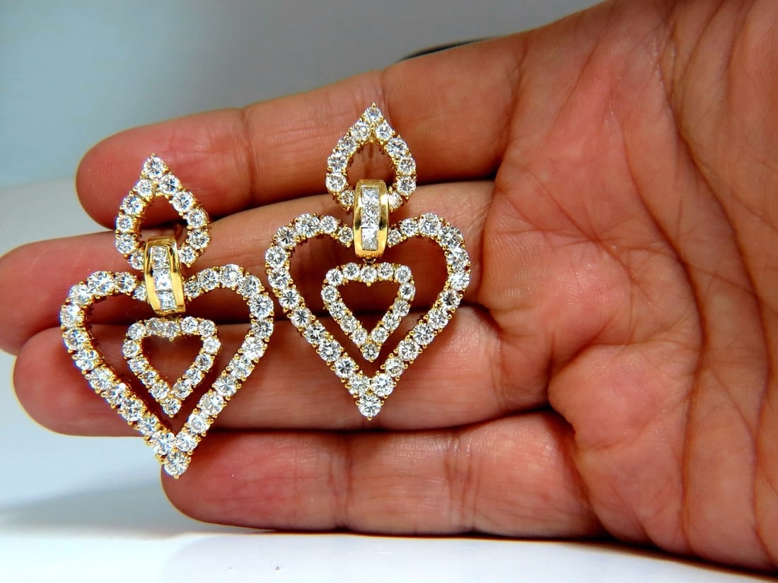 10.00ct natural baguette & rounds diamond heart dangle earrings 18kt huge - 3