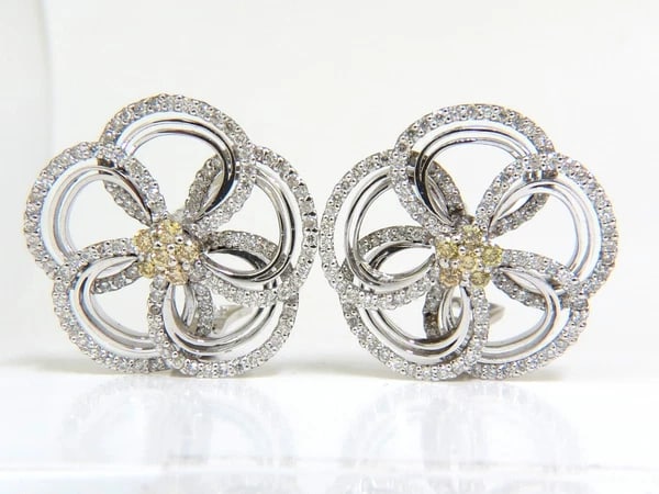 2.40CT NATURAL YELLOW DIAMONDS 3D FLOWER CLUSTER EARRINGS 14KT GOLD - 2