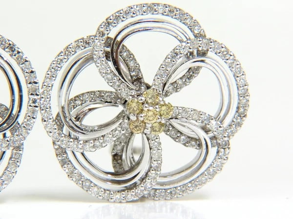 2.40CT NATURAL YELLOW DIAMONDS 3D FLOWER CLUSTER EARRINGS 14KT GOLD - 3