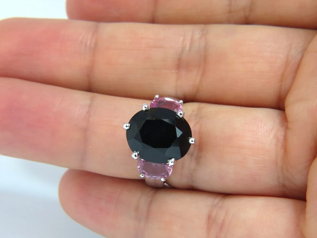 13.00ct. natural black & pink sapphire diamonds ring 14kt. white gold - 4