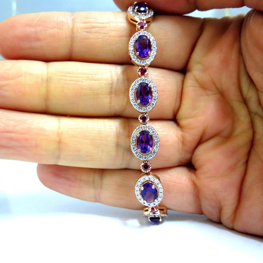 6.46ct natural amethyst ruby diamonds halo bracelet 14kt gold - 5
