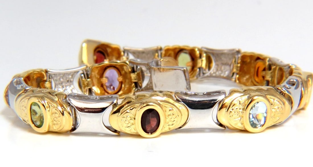 NATURAL PERIDOT CITRINE AMETHYST AQUAMARINE & GARNET BRACELET 14KT: Title: NATURAL PERIDOT CITRINE AMETHYST AQUAMARINE & GARNET BRACELET 14KT Description: ONLY MAGNIFICENT JEWELS 9.00ct. Natural gems two toned bracelet. Amethyst Peridot Citrine Aquamarine & Garnet 9 i