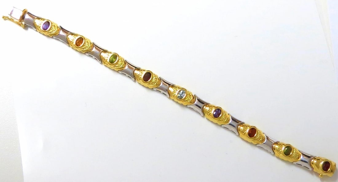 NATURAL PERIDOT CITRINE AMETHYST AQUAMARINE & GARNET BRACELET 14KT - 8