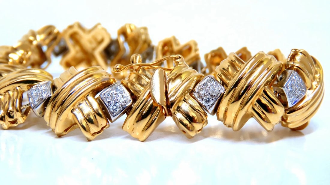 Natural Diamonds X Bracelet wide caliber 14kt two toned 39 grams - 4