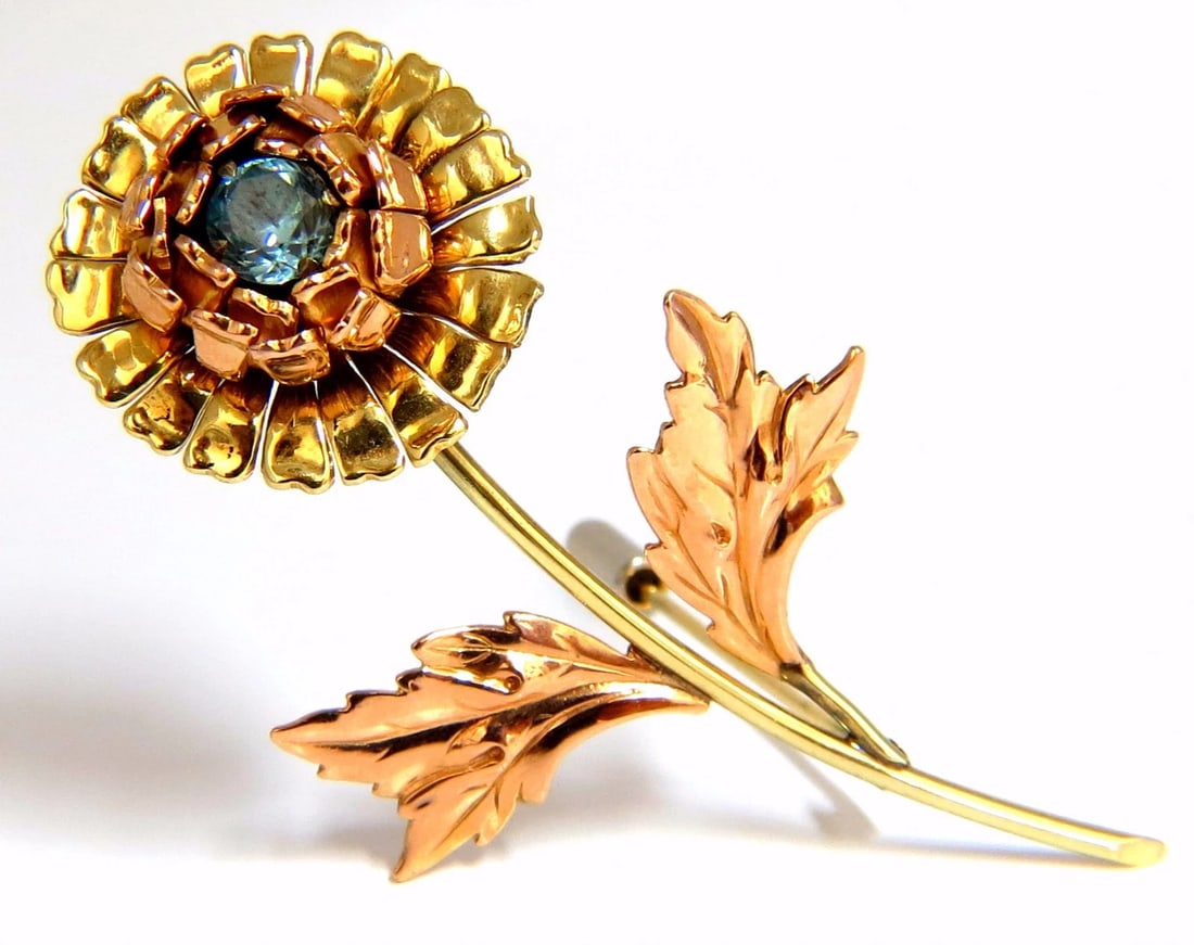 Vintage 1.75ct natural Indigo Zircon Flower Pin 14kt 3D: Title: Vintage 1.75ct natural Indigo Zircon Flower Pin 14kt 3D Description: Vintage Rose Brooch Pin 1.75ct natural Blue Zircon Round cut Indigo Blue, clean clarity & transparent 5.6mm diameter Round, 
