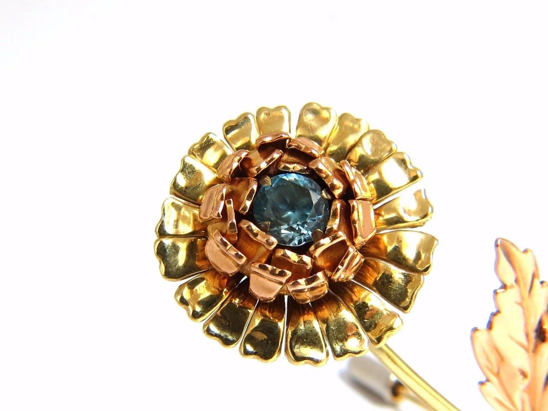Vintage 1.75ct natural Indigo Zircon Flower Pin 14kt 3D - 2