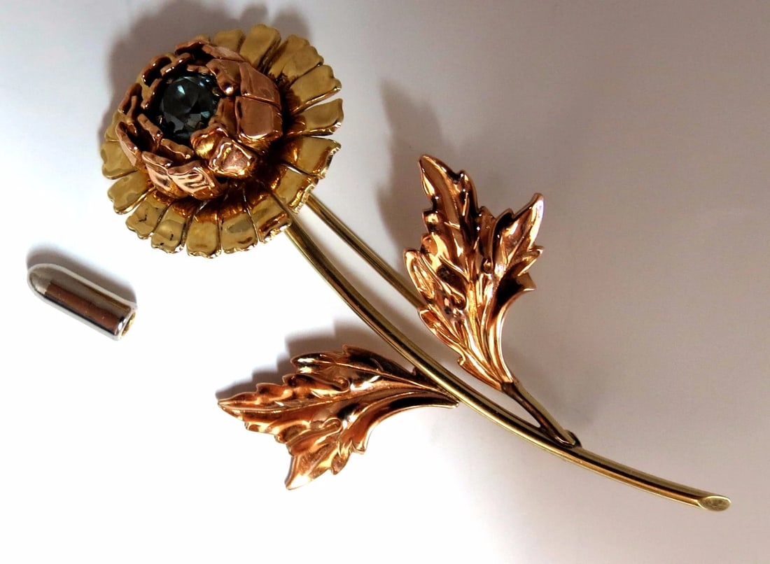 Vintage 1.75ct natural Indigo Zircon Flower Pin 14kt 3D - 6