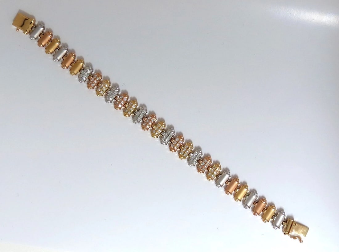 1.50CT DIAMONDS BAR LINKED TRI-COLOR 18KT GOLD BRACELET SATIN BRUSH FINISH - 2