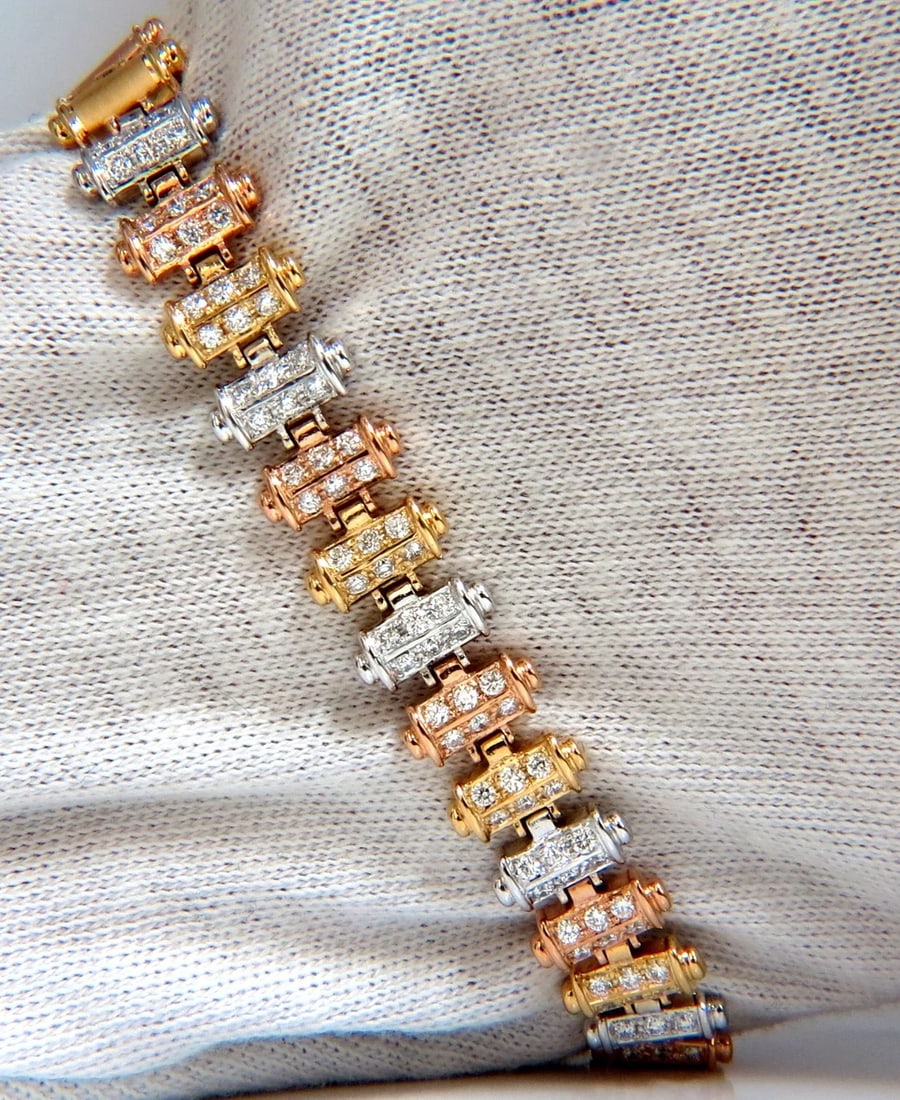 1.50CT DIAMONDS BAR LINKED TRI-COLOR 18KT GOLD BRACELET SATIN BRUSH FINISH - 5