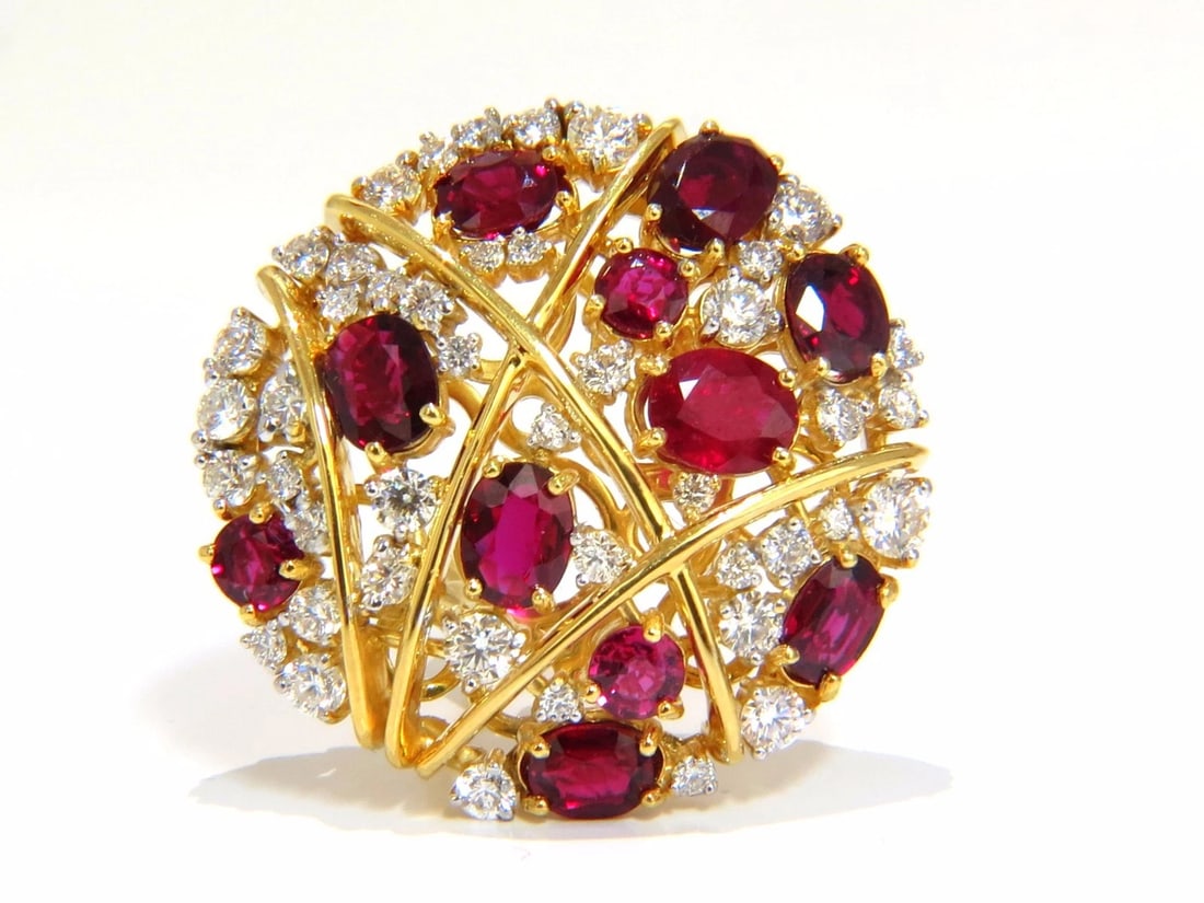 Natural Ruby Diamonds Earrings Cocktail Cluster 14kt Gold - 2