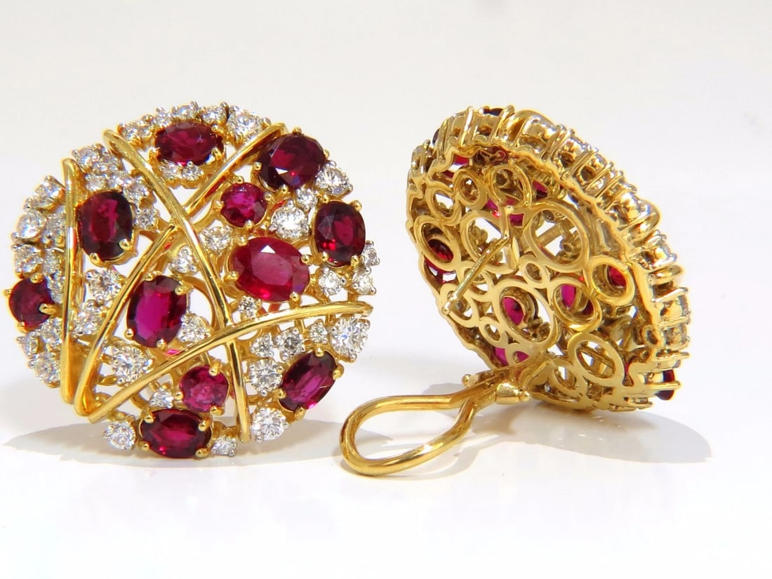 Natural Ruby Diamonds Earrings Cocktail Cluster 14kt Gold - 6
