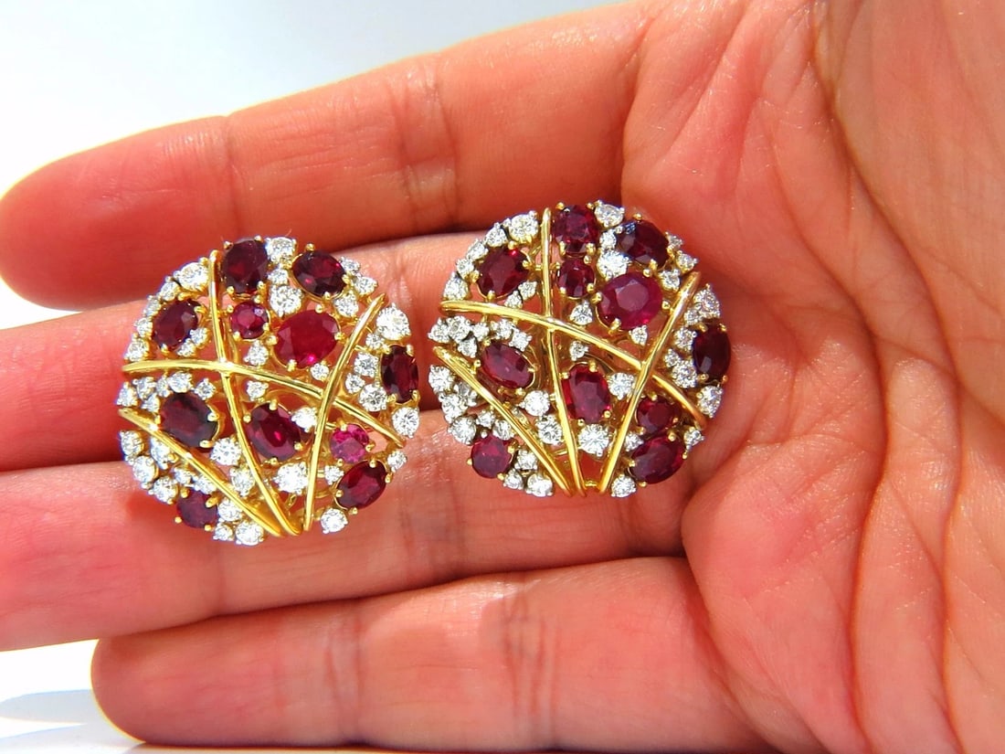 Natural Ruby Diamonds Earrings Cocktail Cluster 14kt Gold - 7