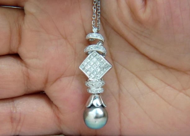 10.50MM NATURAL TAHITIAN PEARL & 1.10CT DIAMONDS PENDANT & NECKLACE 14KT - 5