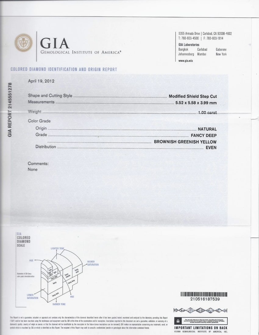 GIA CERTIFIED NATURAL FANCY GREEN YELLOW BROWN 1.00CT DIAMOND RING 18KT - 8