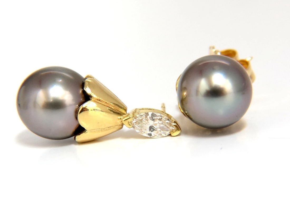 10mm natural Tahitian pearl & .80ct diamonds drop cap earrings 14kt - 3