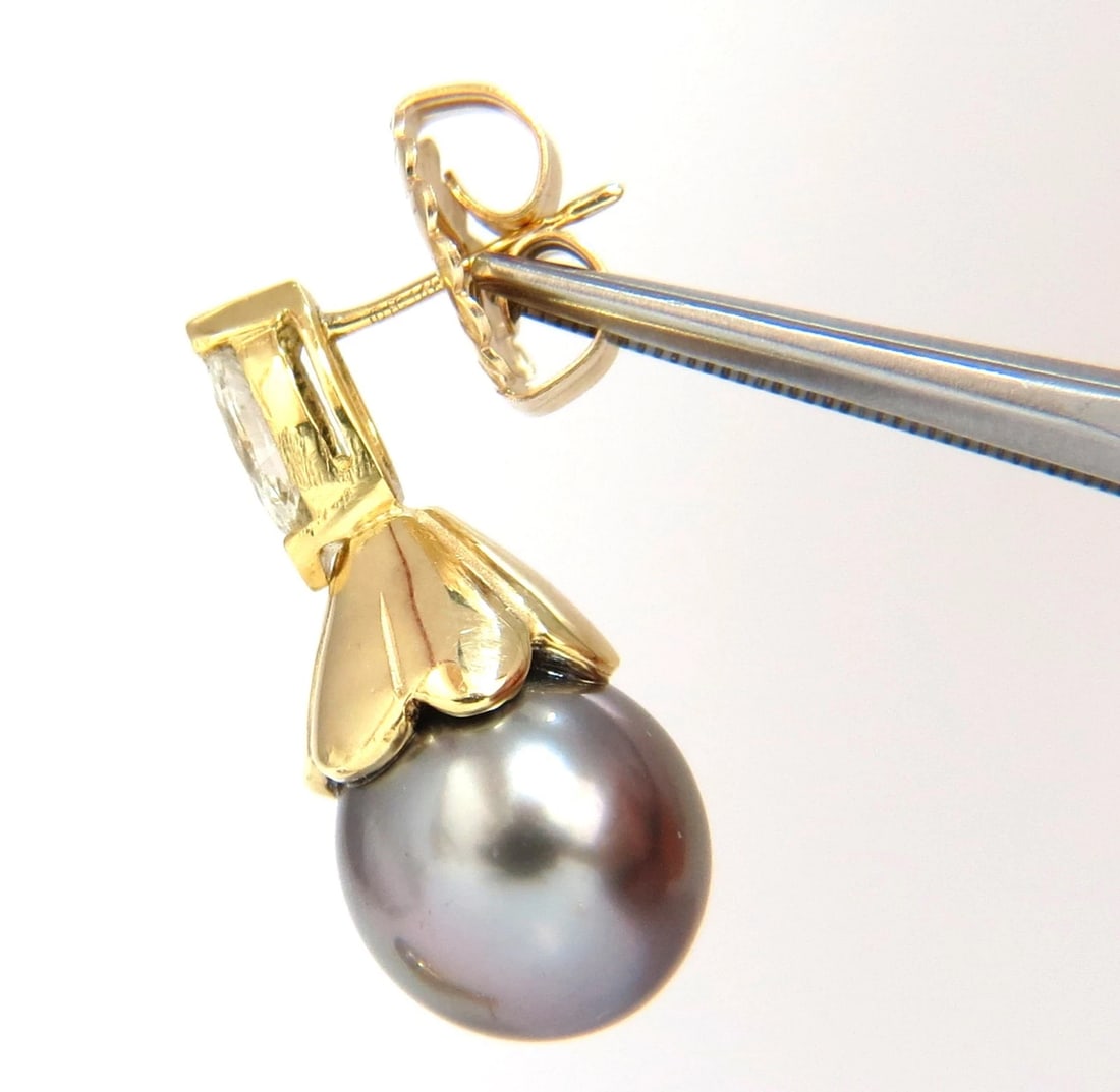10mm natural Tahitian pearl & .80ct diamonds drop cap earrings 14kt - 4