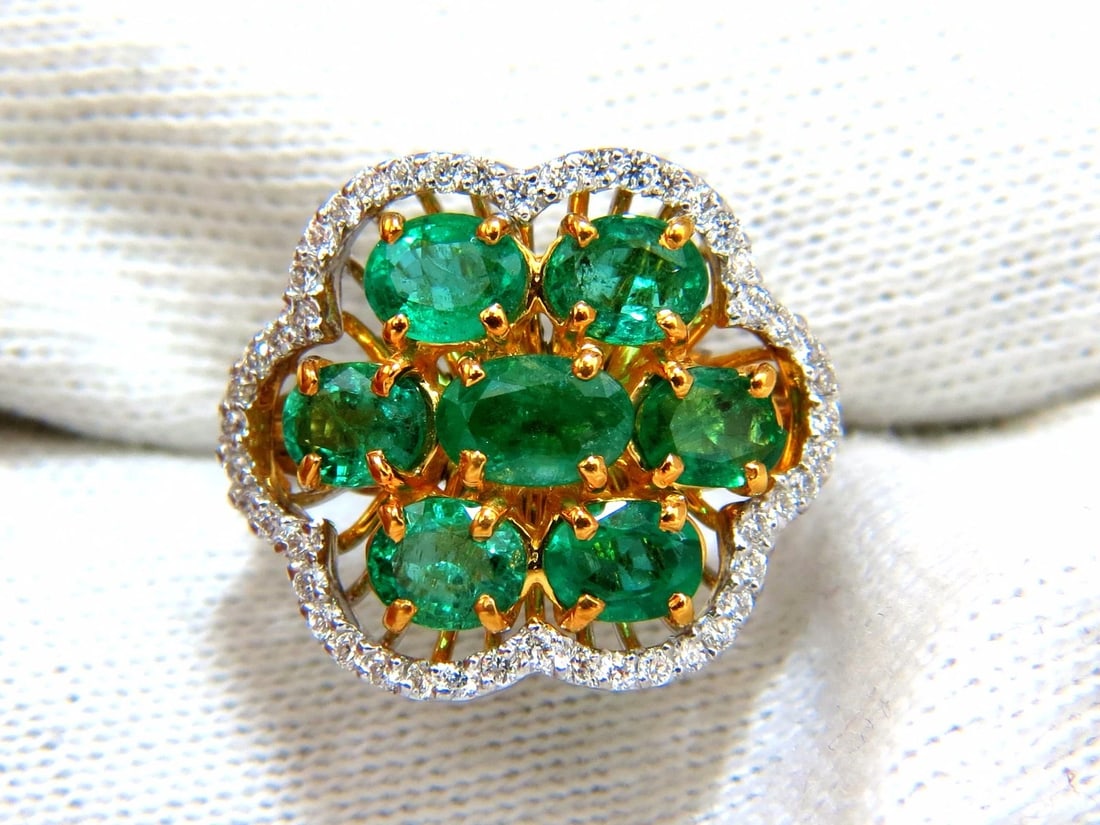 3.02ct Natural oval Emeralds diamond cocktail cluster ring 14kt G/Vs - 5