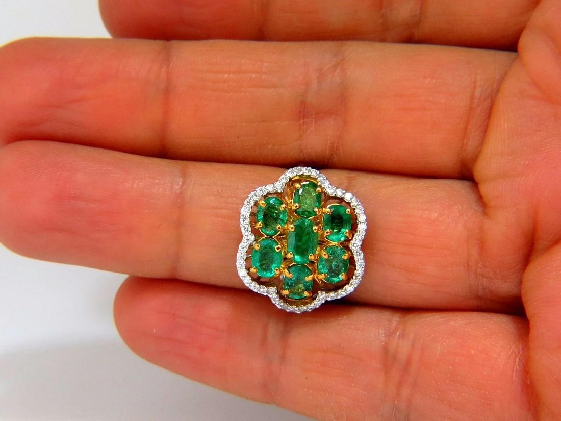 3.02ct Natural oval Emeralds diamond cocktail cluster ring 14kt G/Vs - 6