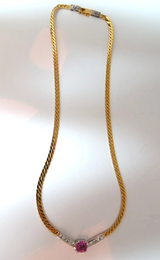 GIA 2.52ct NATURAL NO HEAT PINK SAPPHIRE DIAMONDS "V" NECKLACE 14KT - 2