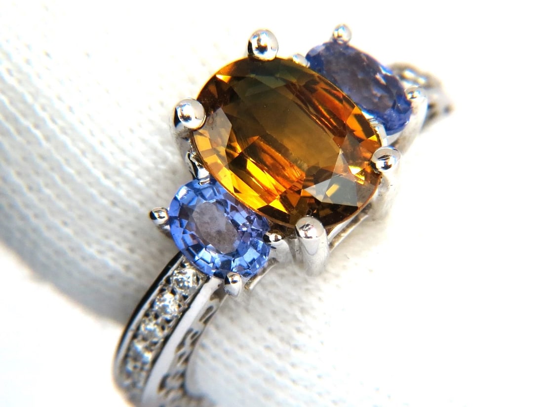 3.68CT NATURAL FANCY VIVID YELLOW BROWN SAPPHIRE TANZANITE DIAMONDS RING 14KT - 3