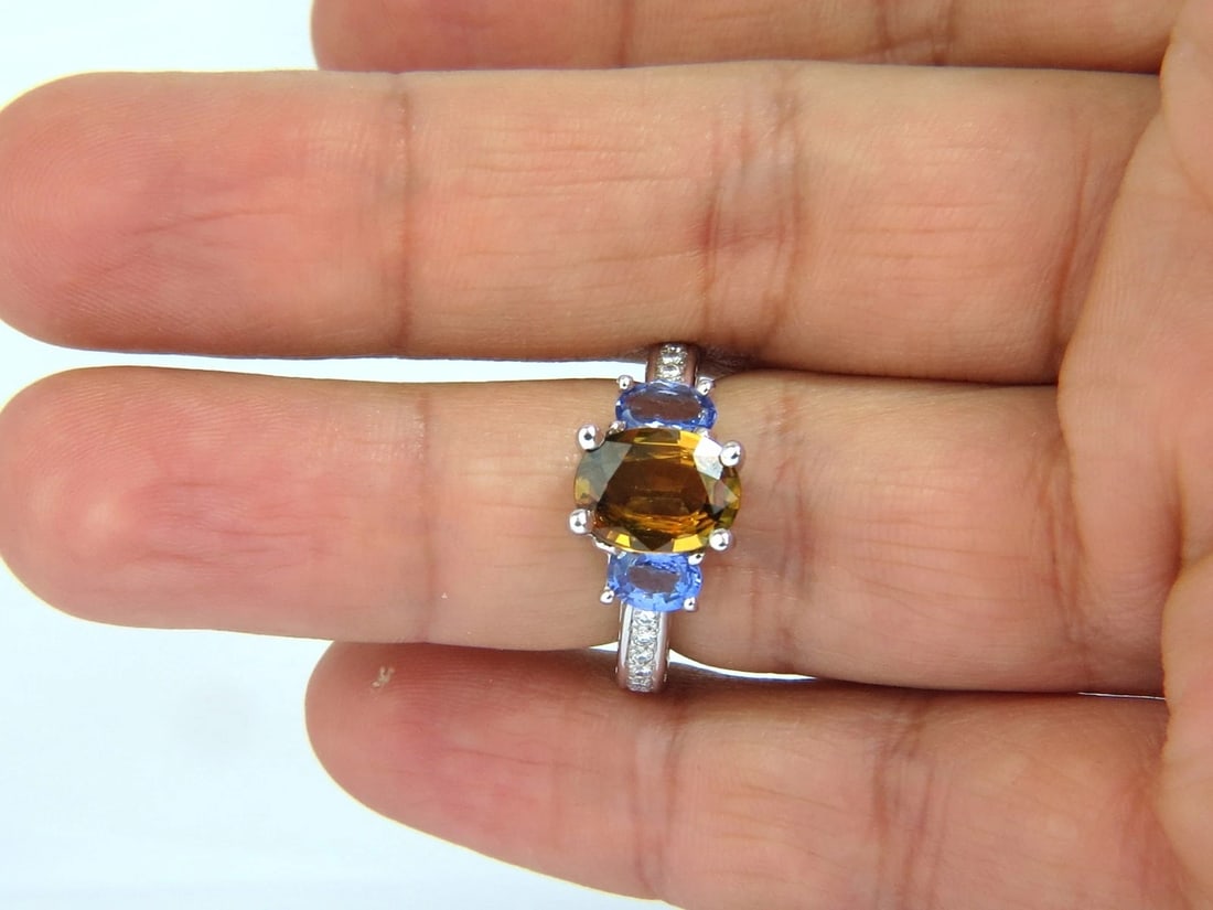 3.68CT NATURAL FANCY VIVID YELLOW BROWN SAPPHIRE TANZANITE DIAMONDS RING 14KT - 7