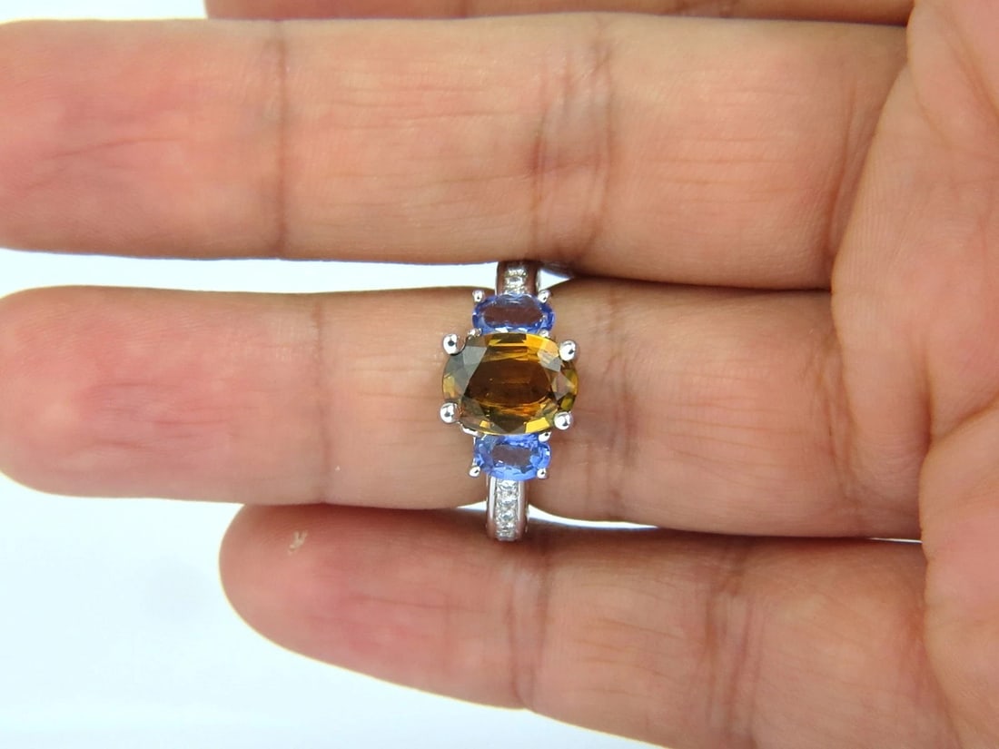 3.68CT NATURAL FANCY VIVID YELLOW BROWN SAPPHIRE TANZANITE DIAMONDS RING 14KT - 8