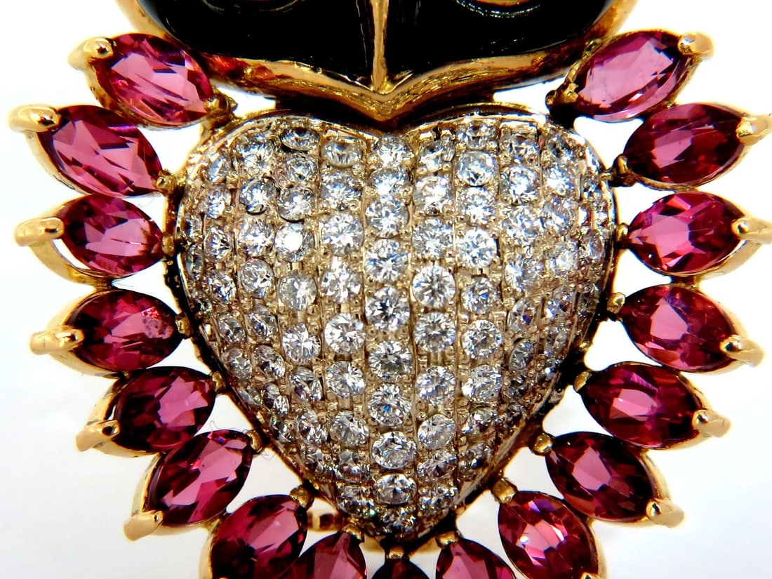 3.90CT NATURAL TOURMALINE DIAMONDS MOONSTONE BLACK ONYX 3D OWL BROOCH PIN 18KT - 3