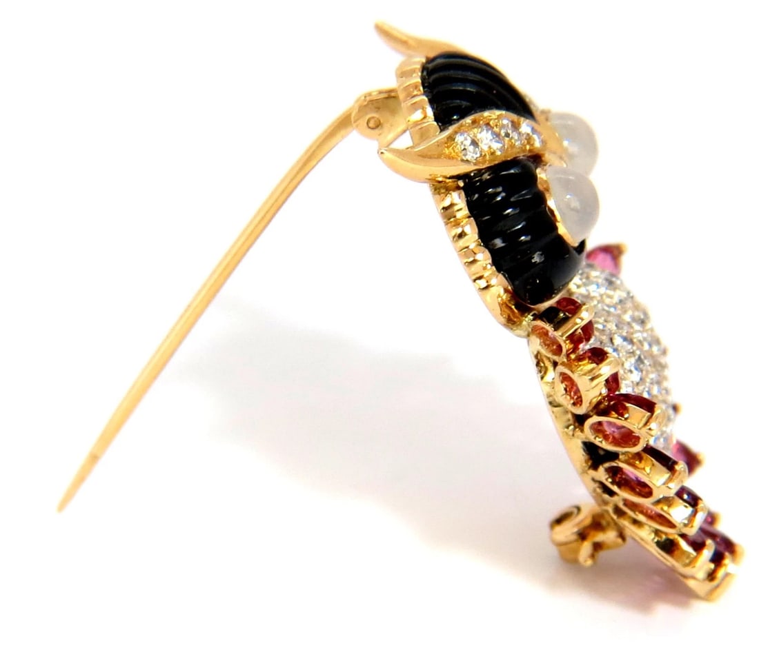 3.90CT NATURAL TOURMALINE DIAMONDS MOONSTONE BLACK ONYX 3D OWL BROOCH PIN 18KT - 5