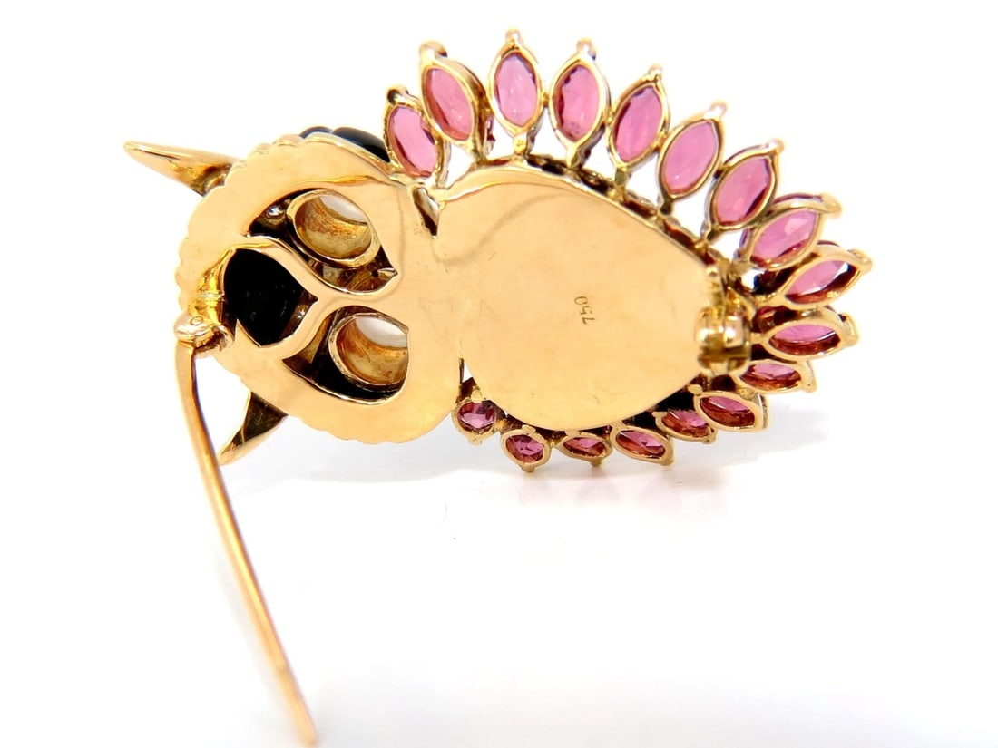 3.90CT NATURAL TOURMALINE DIAMONDS MOONSTONE BLACK ONYX 3D OWL BROOCH PIN 18KT - 6