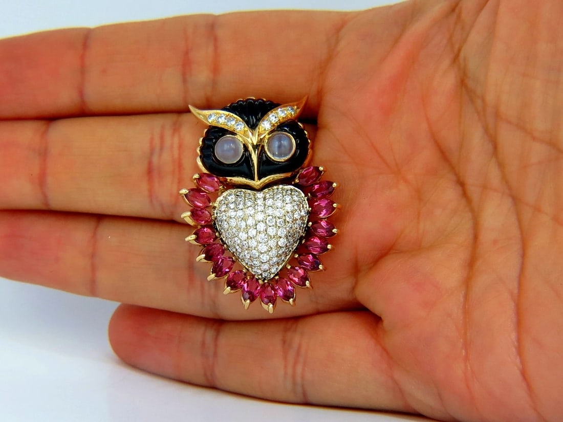 3.90CT NATURAL TOURMALINE DIAMONDS MOONSTONE BLACK ONYX 3D OWL BROOCH PIN 18KT - 7
